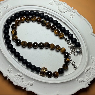 Vintage Frosted 8MM Natural Black Onyx(Dyed & Heated) and Tiger Eye Round Beaded Necklaces with Alloy Column for Men DB2700-1