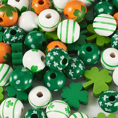80Pcs 8 Styles Printed Wood European Beads WOOD-TA0002-98-1