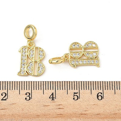 Brass Micro Pave Clear Cubic Zirconia Number 18 European Dangle Charms KK-K293-62G-1