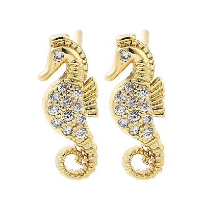 Sea Horse Brass Micro Pave Cubic Zirconia Ear Studs EJEW-D304-38G-1