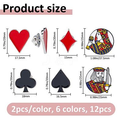 12Pcs 6 Styles Playing Card Sign Enamel Pin JEWB-FH0002-59-1