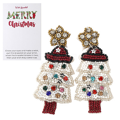 Christmas Tree with Star Handmade Glass Seed Beads Dangle Stud Earrings HU0349-15-1