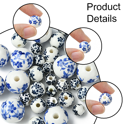 30Pcs 3 Styles Floral Printed Porcelain Beads PORC-FS0001-05-1