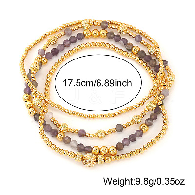 4Pcs 4 Styles Natural Amethyst & Brass Round Beads Stretch Bracelets for Women NA2188-1-1
