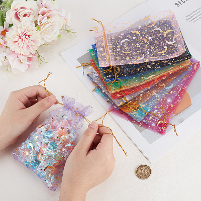 72Pcs 12 Colors Gold Stamping Moon & Star Organza Drawstring Gift Storage Bags OP-BBC0001-02B-1