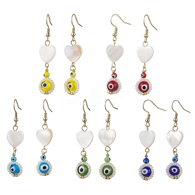 Natural Shell Heart & Lampwork Evil Eye Dangle Earrings EJEW-MZ00121-1