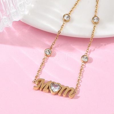 Mother's Day 304 Stainless Steel Cubic Zirconia Word Mom Link Bracelets BJEW-L721-02G-1