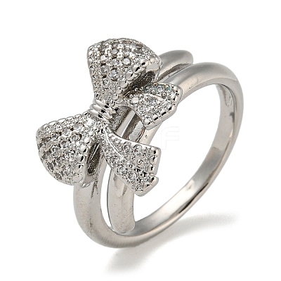 Bowknot Brass Micro Pave Clear Cubic Zirconia Double Rings RJEW-Z050-25P-1