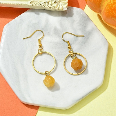 Natural Yellow Aventurine Pumpkin with Ring Dangle Earrings EJEW-JE05509-04-1
