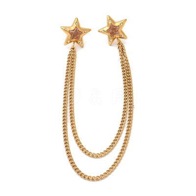 304 Stainless Steel Pave Cubic Zirconia Star Hanging Chain Brooch JEWB-S021-02G-01-1