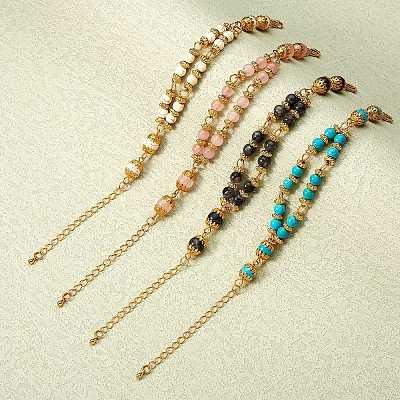4Pcs 4 Style Synthetic Turquoise & Magnesite & Natural Larvikite & Rose Quartz Beaded Multi-strand Bracelets Set for Women BJEW-SW00038-1