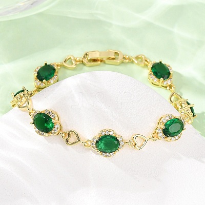 Heart & Oval Brass Micro Pave Cubic Zirconia Link Chain Bracelets for Women BJEW-A163-03G-04-1