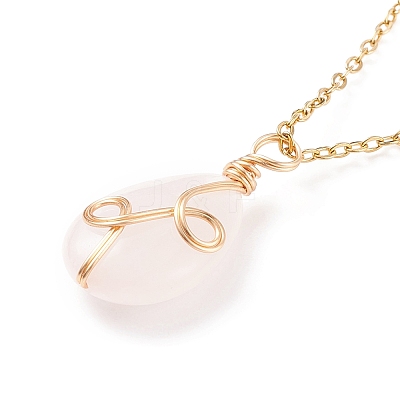 Natural Rose Quartz Teardrop Pendant Necklace X-NJEW-JN03900-01-1