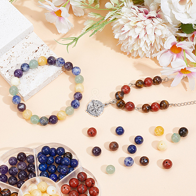 140Pcs 7 Styles Natural Amethyst & Lapis Lazuli & Blue Spot Jasper & Green Aventurine & Yellow Tiger Eye & Yellow Jade & Red Jasper Chakra Beads G-PA0001-93B-1