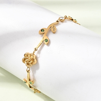 304 Stainless Steel Crystal and Peridot Rhinestone Flower Leaf Link Chain Bracelets SA-CBA7A0F-09G-1