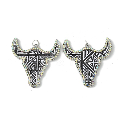 Cattle Head Alloy &  Rhinestone & Imitation Leather Pendants FIND-G069-02P-01-1