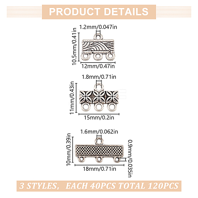 120pcs 3 styles Tibetan Style Alloy Flower/Rectangle Chandelier Component Links FIND-GO0003-62-1