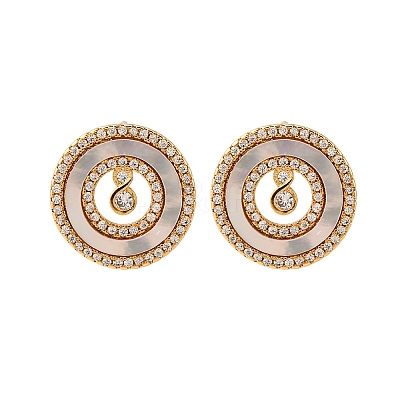 Flat Round Brass Micro Pave Cubic Zirconia Stud Earrings KK-D363-15G-1
