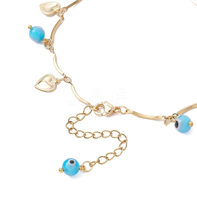 3Pcs 3 Styles Handmade Evil Eye Lampwork & Stainless Steel Moon Heart Leaf Tassel 304 Stainless Steel Curved Bar Link Chain Anklets for Women AJEW-AN00742-1