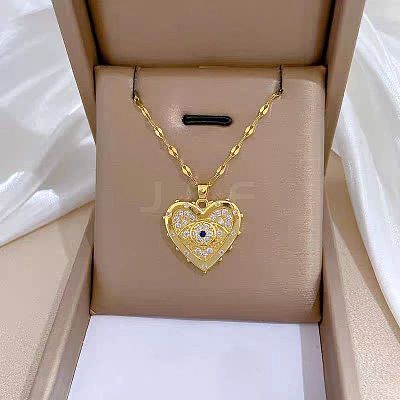 Heart with Eye Pattern 304 Stainless Steel Micro Pave Cubic Zirconia Pendant Necklace & Hoop Earrings Sets FS-WGB58AC-03-1
