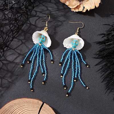 304 Stainless Steel Dyed Synthetic Turquoise & Natural Black Onyx & Glass Seed Beaded Dangle Earrings EJEW-MZ00530-03-1