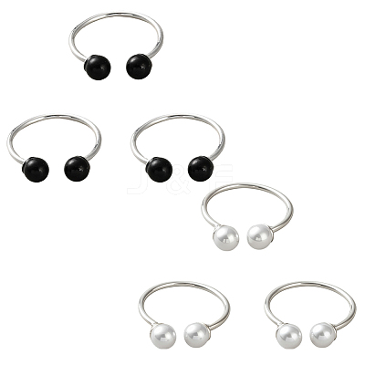 2 Sets 2 Colors Brass Plastic Pearl Finger Rings Sets for Women RJEW-GO0001-26-1