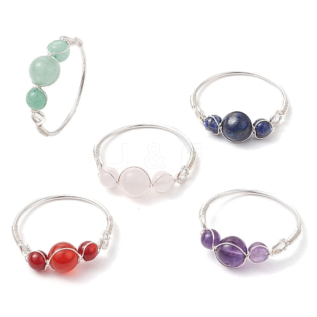 Round Natural Rose Quartz & Lapis Lazuli & Green Aventurine & Amethyst & Carnelian Finger Rings RJEW-JR00820-1