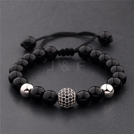 Round Natural Black Onyx(Dyed & Heated) & Brass Pave Cubic Zirconia Braided Bead Bracelets for Women Men QX9034-3-1