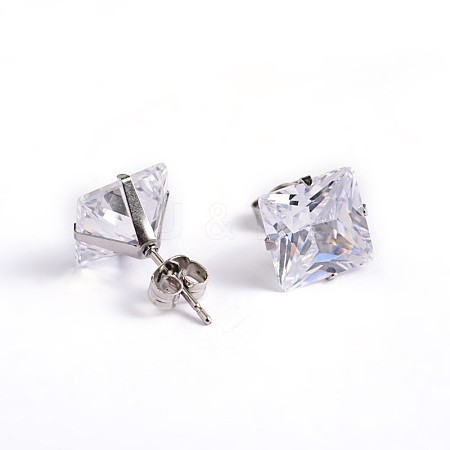 Square Cubic Zirconia Stud Earrings X-EJEW-H306-09P-9mm-1