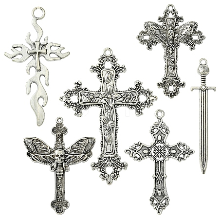 6Pcs 6 Styles Tibetan Style Alloy Cross Pendants FIND-FS0002-57-1