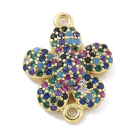 Rack Plating Brass Micro Pave Colorful Cubic Zirconia 5-Petal Flower Connector Charms KK-A234-068G-1