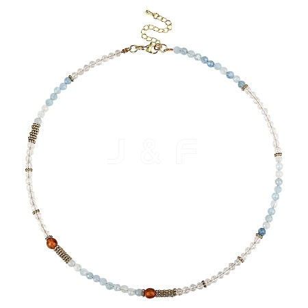 Natural Aquamarine & Quartz Crystal & Carnelian Faceted Round Beaded Necklaces NJEW-YW00007-1