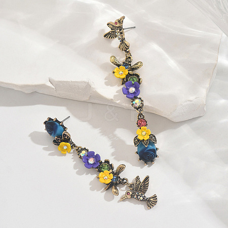 Alloy & Resin & Rhinestone Bird with Flower Stud Dangle Earrings for Women WG2278B-01-1