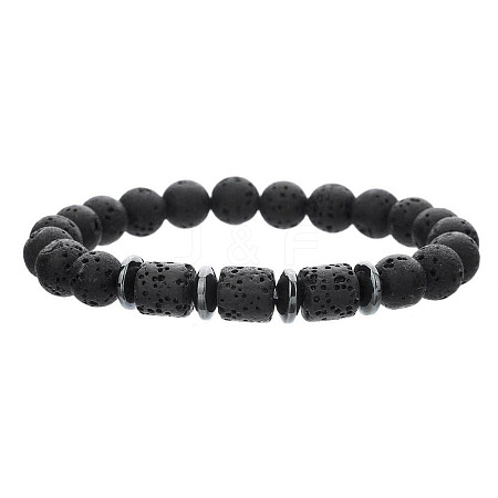 Round & Colunm Natural Lava Rock & Synthetic Non-magnetic Hematite Stretch Beaded Bracelet for Women Men OR8380-4-1