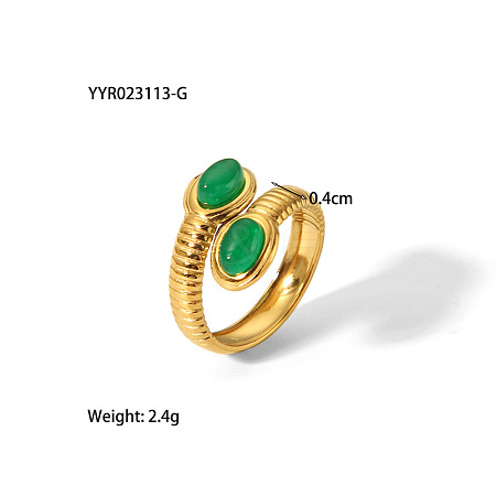 Vintage Adjustable Stainless Steel & Natural Green Stone Doubel Oval Cuff Rings for Women JA1353-3-1