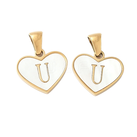 304 Stainless Steel Pave Natural White Shell Heart with Initial Slice Pendants STAS-R168-25G-U-1
