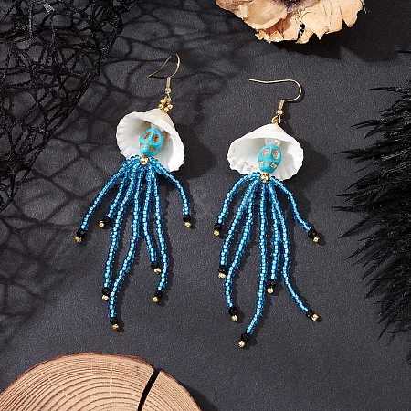 304 Stainless Steel Dyed Synthetic Turquoise & Natural Black Onyx & Glass Seed Beaded Dangle Earrings EJEW-MZ00530-03-1