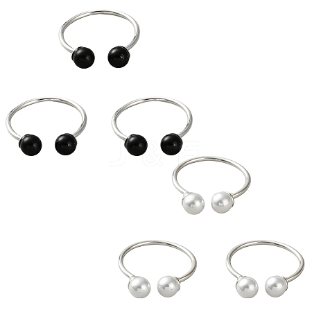 2 Sets 2 Colors Brass Plastic Pearl Finger Rings Sets for Women RJEW-GO0001-26-1