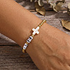 Adjustable New Year 2026 Brass Round Beaded Stretch Bracelets with Natural White Shell Cross OF5922-3