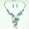 Bohemia Style Alloy with Synthetic Turquoise Wave Pendant Necklaces & Flat Round Dangle Earrings Sets for Women FS-WGC7E0A-01-4