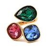 Teardrop & Square Glass Open Cuff Rings RJEW-G289-01G-06-2