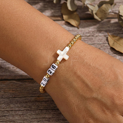 Adjustable New Year 2026 Brass Round Beaded Stretch Bracelets with Natural White Shell Cross OF5922-1