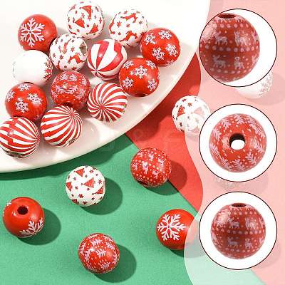 60Pcs 10 Styles Christmas Printed Schima Wood European Beads WOOD-FS0002-48-1