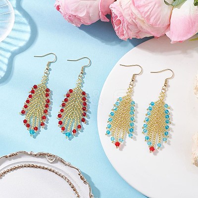 2 Pairs Glass Seed Feather Dangle Earrings EJEW-MZ00569-1