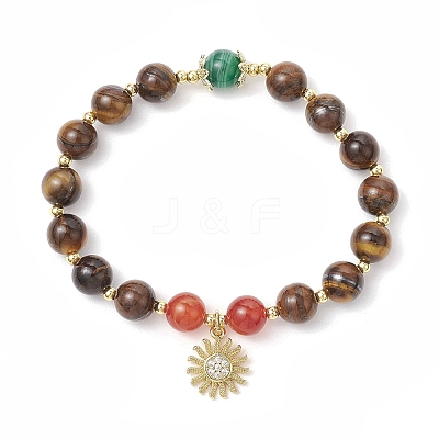 Natural Striped Agate & Tiger Eye Round Beaded Bracelets BJEW-JB11934-03-1