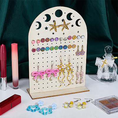 Hollow Moon Plywood Earring Organizer Display Stands EDIS-WH0050-02B-1