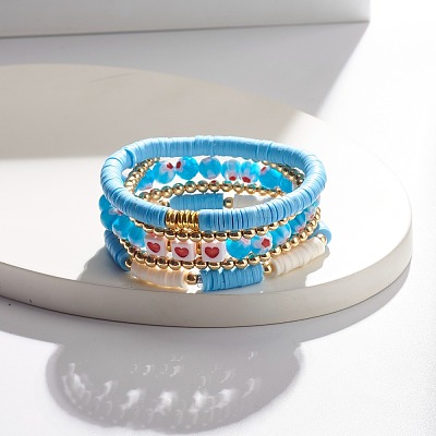 5Pcs 5 Style Polymer Clay Heishi Beaded Stretch Bracelets Set BJEW-JB07532-02-1