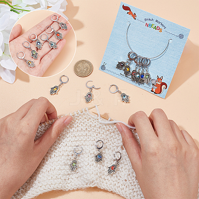 Alloy Hamsa Hand Pendant Locking Stitch Markers with Handmade Evil Eye Lampwork HJEW-PH01888-1