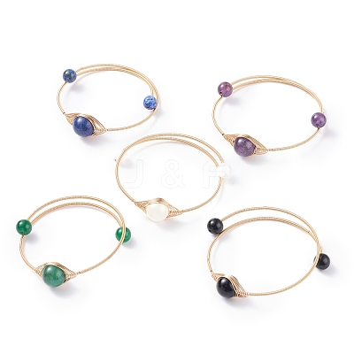 Natural Gemstone Round Beaded Bangle BJEW-JB07816-1