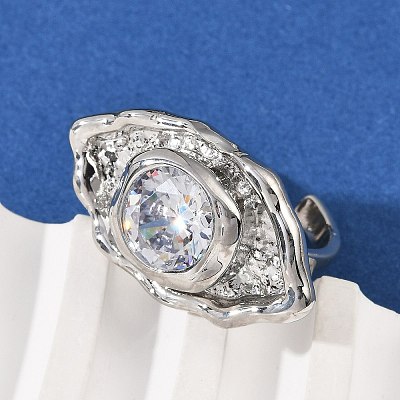 Brass Pave Cubic Zirconia Adjustable Open Cuff Rings for Women RJEW-R032-01P-1